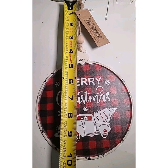 NEW Set Metal Buffalo Check 6.5" Merry Christmas & JOY Tree Ornaments Farmhouse - Picture 4 of 6